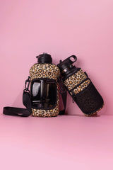 leopard print drink bottle with straw lid and storage sleeve